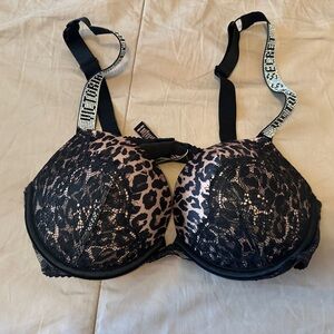 Victoria's Secret Black Lace-Overlay Leopard Push-Up Bra